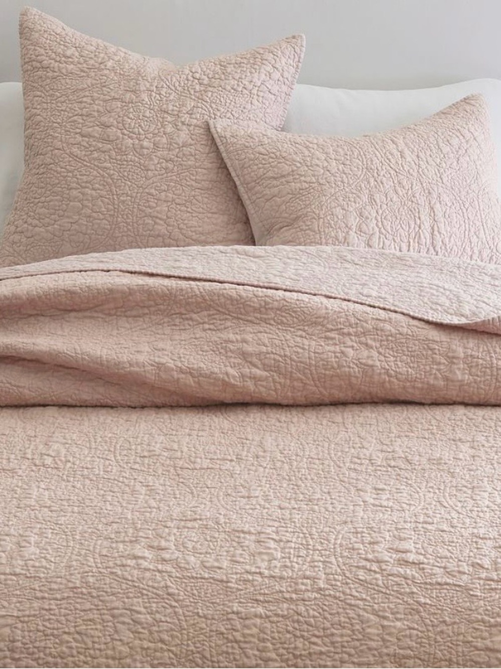 Potter Barn Euro Belgian Flax Linen Floral Stitch Quilted Shams Set of 2